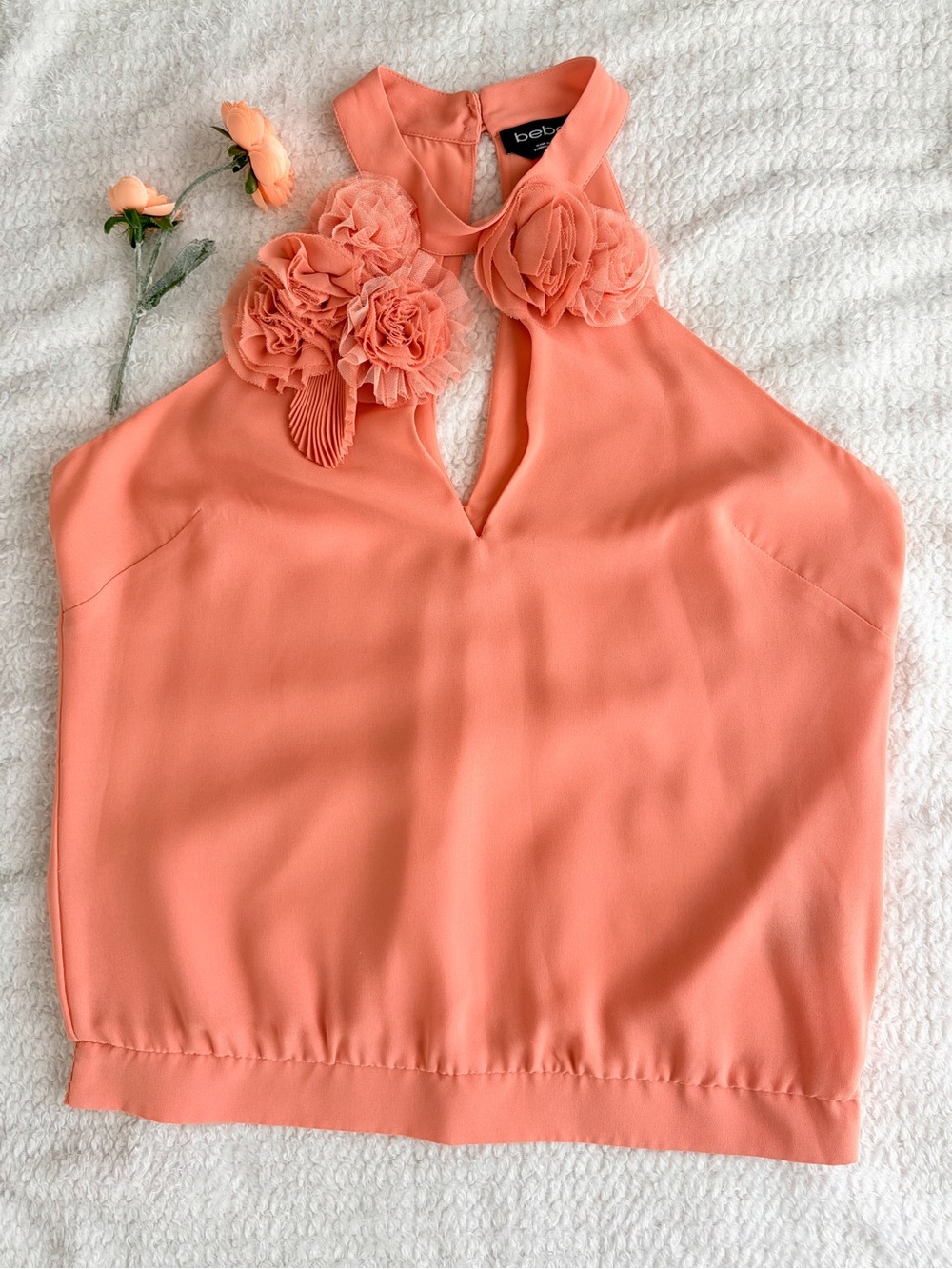 Bebe Coral Floral Appliqué Halter Top 3D Rosette Sleeveless Blouse Size S Dressy